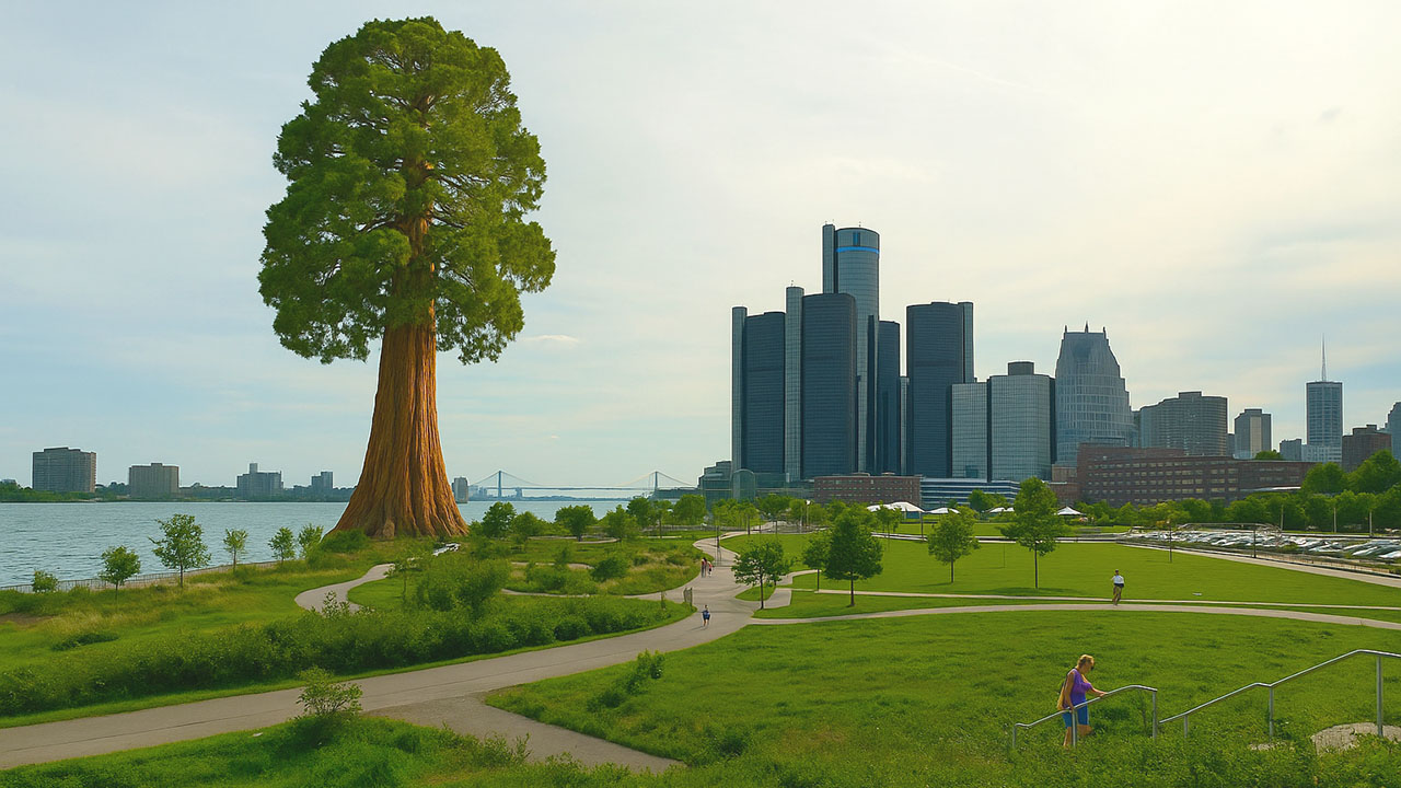 Secuoya gigante de California en Detroit, Michigan, donde se plantaron decenas de esta especie de árboles.