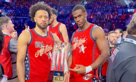 Cade Cunningham y Jalen Duren, basquetbolistas de los Detroit Pistons que participaron en el Juego de Estrellas 2026 de NBA.