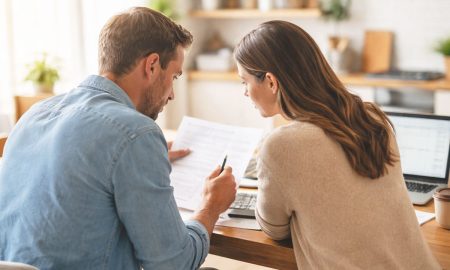 Pareja revisando documentos financieros juntos en casa, representando educación financiera y planificación patrimonial con un trust.