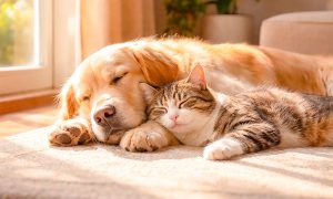 Perro y gato de mascotas tomando el sol.