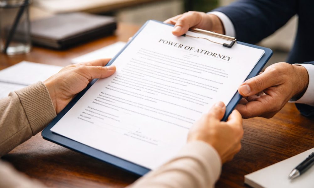 POA Power of Attorney: manos intercambiando un documento legal, educación financiera y planificación patrimonial.