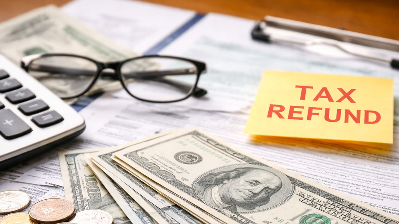 Primer plano de billetes y monedas de dólares estadounidenses, una calculadora y documentos fiscales del IRS con una nota de “Tax Refund” sobre el papeleo.