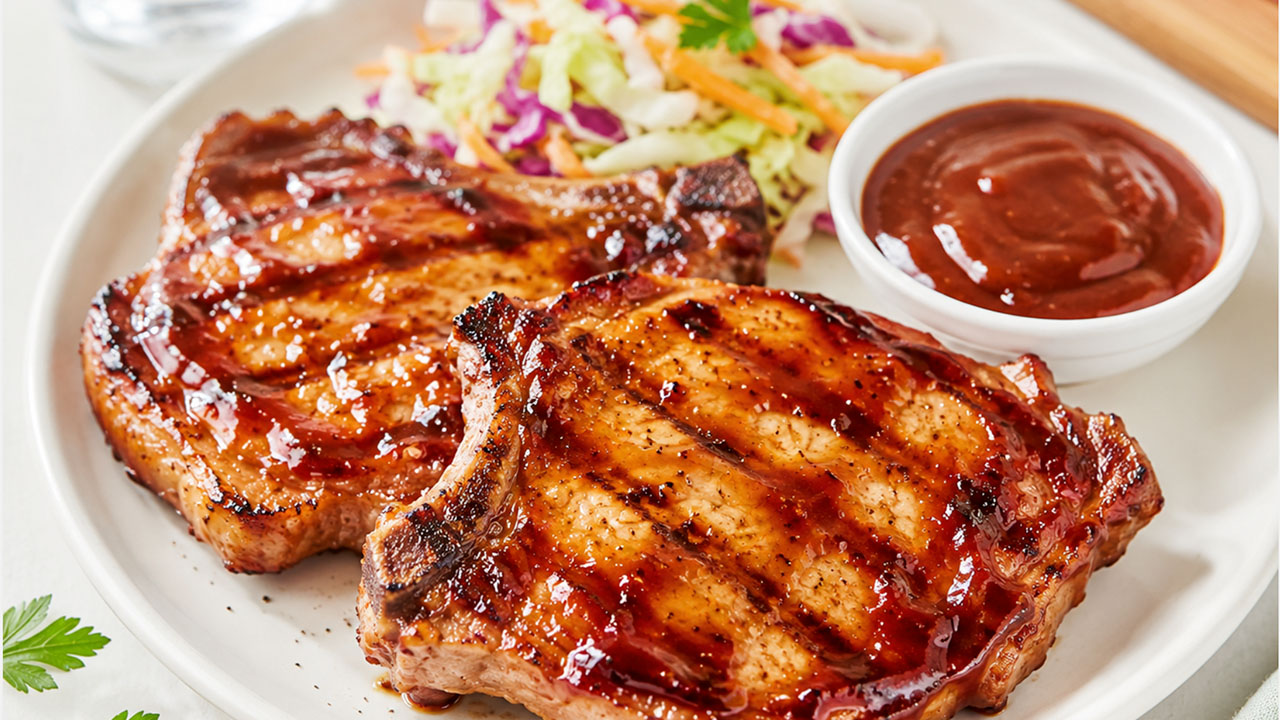 Receta fácil y rápida para preparar chuletas de cerdo salsa BBQ.